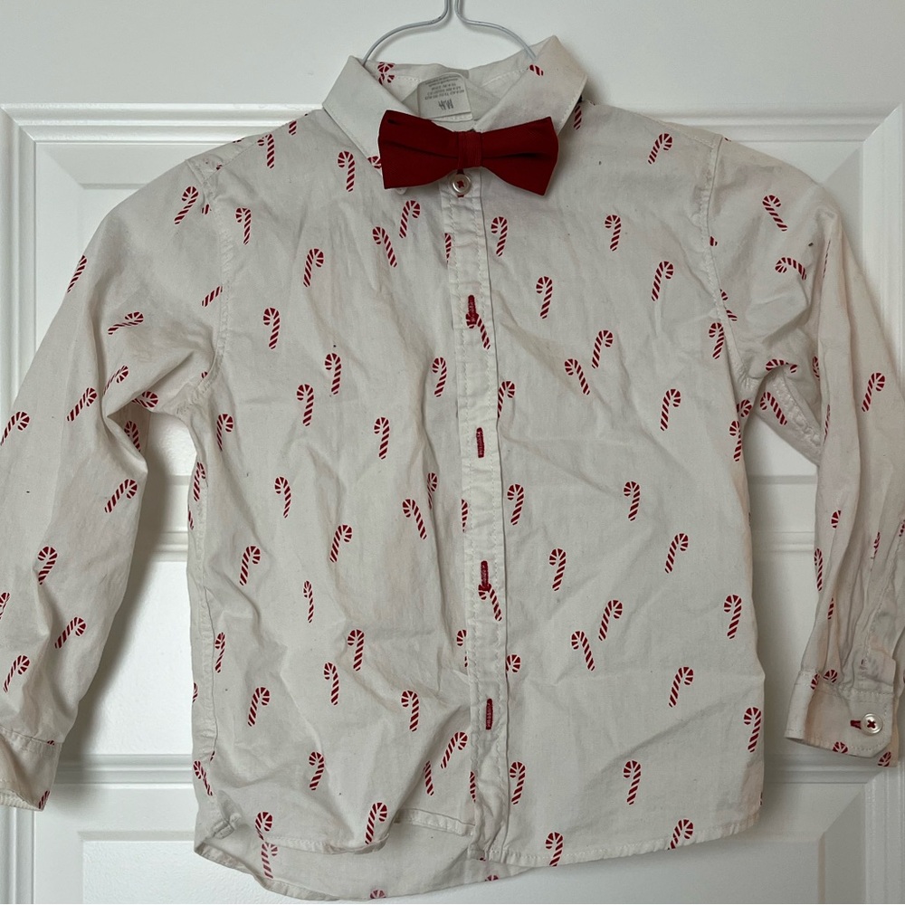 H&M White Shirt with Red Candy Cane Design and Bow Tie